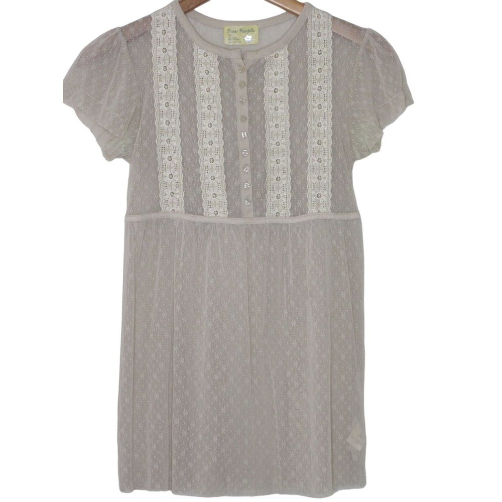 Free People Women's Vintage Mesh Short Sleeve Half Button Down Tunic Top S B1-16